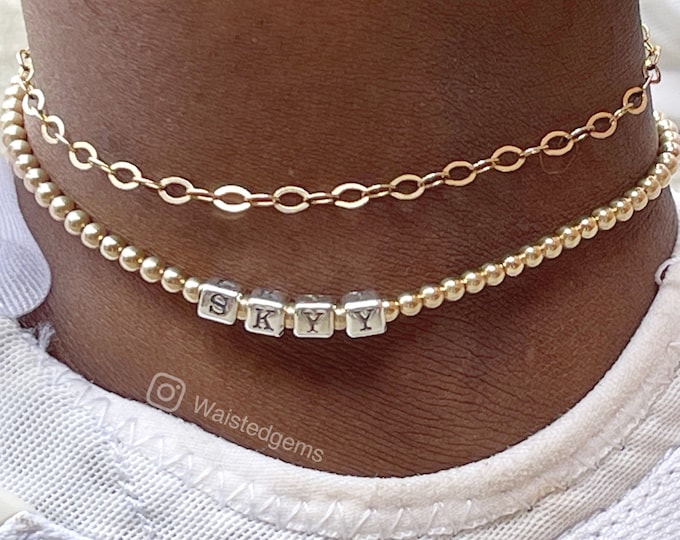 14k Gold Beaded Name Anklet | Custom Bead Anklet | Sterling Silver Name Anklet Bracelet | .925 | Gifts for Women | Boho Anklet