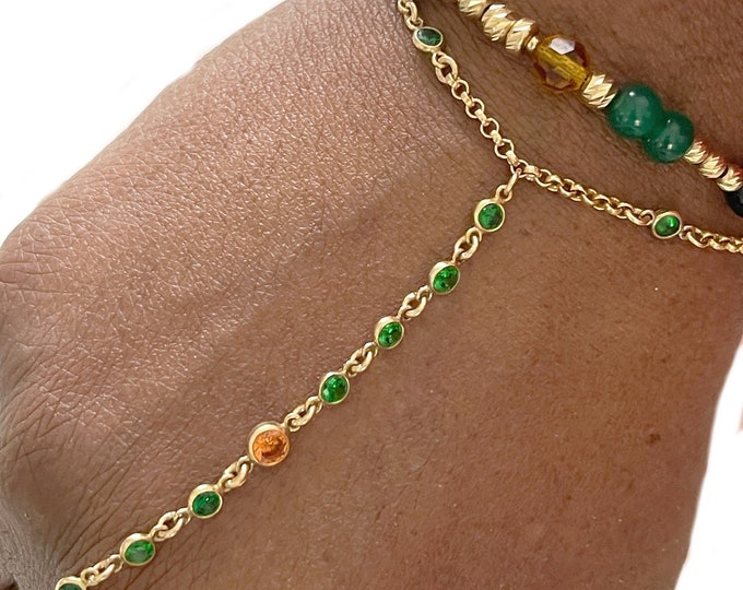 Emerald Bezel Set Birthstone Hand Chain | Citrine Slave Bracelet | Finger Bracelet | Green Dangle Ring | Dainty Bezel Set Hand Chain Ring |