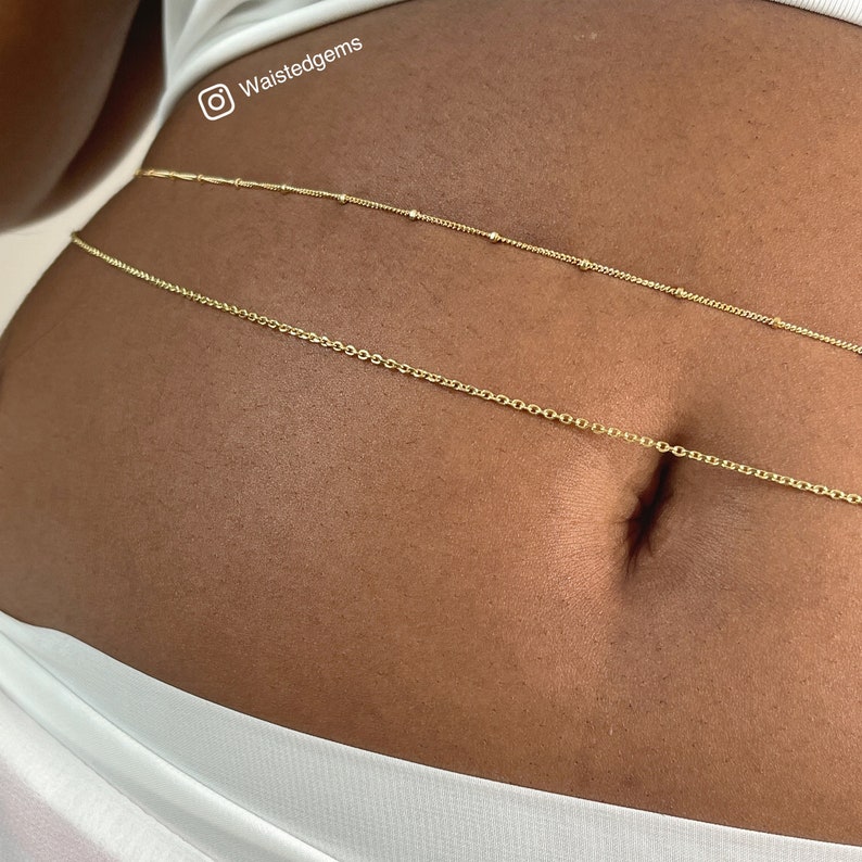 14k Solid Gold Station Waist Chain Beaded Belly Gems Plus Size Body Chain Dainty Waist Chain Gift for Women Gold Filled image 2