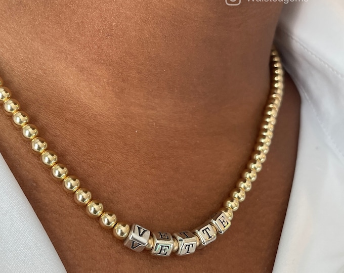 14k Solid Gold Name Necklace | Personalized Name Necklace | 5mm Gold Bead Choker | Friendship