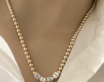 14k Solid Gold Name Necklace: Beaded Letter Choker
