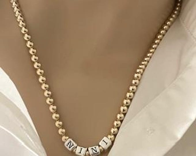 14k Solid Gold Name Necklace: Beaded Letter Choker