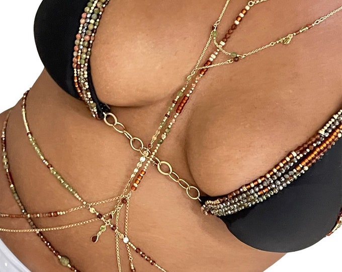 Real Gold Boho Body Chain | Shiny Double Strand Waist Gems | Bikini Body Chain | Halter Top Jewelry | Dainty Waist Chain | Gift For Women