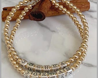 14k Solid Gold Beaded Name Bracelet: Custom Word Stretch Bracelet