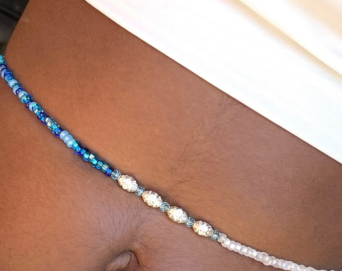 Caribbean Sea Sparkle Hip Beads | Blue Waist Beads | Sterling Silver Water Proof Belly Chain | Faceted Silver Pineapple Beads | Waist Gems
