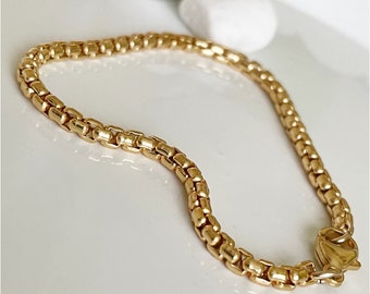 14k Gold 3.7mm Rounded Box Chain Bracelet | Venetian Reverse Box Chain Bracelet |  Gold Box Bracelet | Unisex Gift | Designer Collection