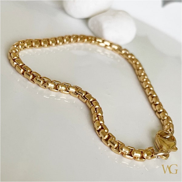 14k Gold 3.7mm Rounded Box Chain Bracelet | Venetian Reverse Box Chain Bracelet |  Gold Box Bracelet | Unisex Gift | Designer Collection