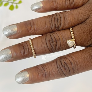 14k Gold Perlenring: Diamant Herz Anhänger, dehnbarer Stapelring