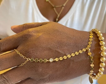 Gold 4mm Disk Hand Chain | White Topaz Finger Bracelet | Ring Bracelet | Slave Bracelet | Boho Hand Jewelry | Chain Hand Bracelet Ring
