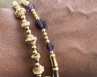 Gold Filled Beaded Stretch Bracelet: Bamboo Style Stacking Bangle