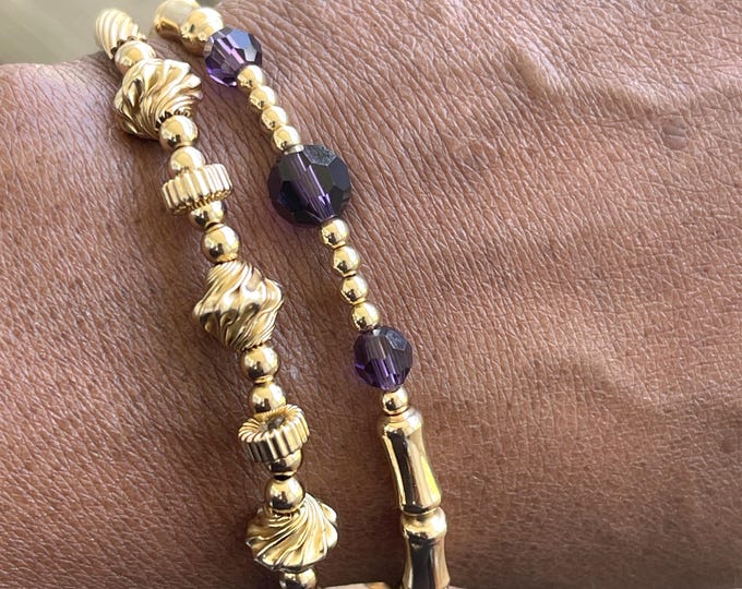 Gold Filled Beaded Stretch Bracelet: Bamboo Style Stacking Bangle
