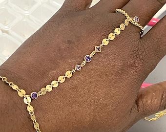 14k Gold Crystal Hand Chain Bracelet | Dainty Emerald Bezel Set Hand Chain | Amethyst Slave Bracelet | Finger Bracelet | Dangle Ring | Gift