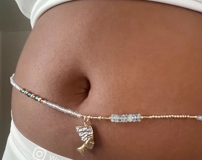 Progress 14k Gold and Blue Topaz Beaded African Belly Chain | African Belly Chain | Gold Belly Chain | Gold Waist Chain | Luxury Gift |