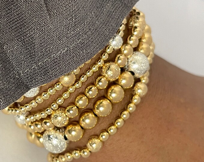 Two-Tone Beaded Ball 6 pc Bracelet Set | Gold Stretch Beaded Bracelet | Shiny Bead Stacking Bracelets | Gold Bangle | Minimalist Design