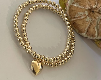 14K Gold Filled Beaded Bracelet: Sterling Silver CZ Heart Charm