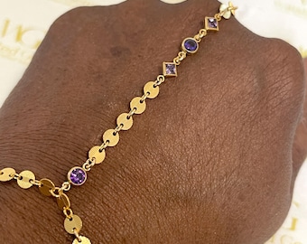 14k Gold Crystal Hand Chain Bracelet | Dainty Emerald Bezel Set Hand Chain | Amethyst Slave Bracelet | Finger Bracelet | Dangle Ring | Gift