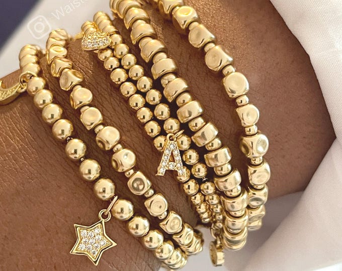 14k Gold Beaded Bracelet: Diamond Initial Charm, Luxury Jewelry