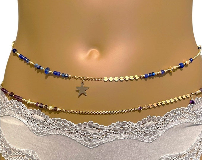 Blue Beaded Crystal Waist Chain w/ Star Charm | Mixed Chain Waist Chain |  Crystal Meaning Gift Card | Water Proof Body Jewelry | Unique