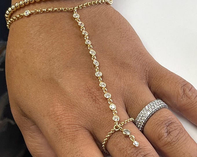 14k Solid Gold Diamond Bezel-Set Hand Chain | Slave Bracelet | Finger Bracelet | Boho | Dainty Diamond Charm Bracelet | Hand Chain Ring