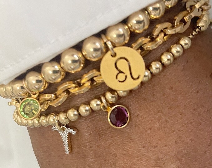 14k Gold Beaded Crystal Bracelet | Custom Zodiac Stretch Bracelet | Birthday Gift For Women | Waterproof Bracelet | Charm Bracelet |