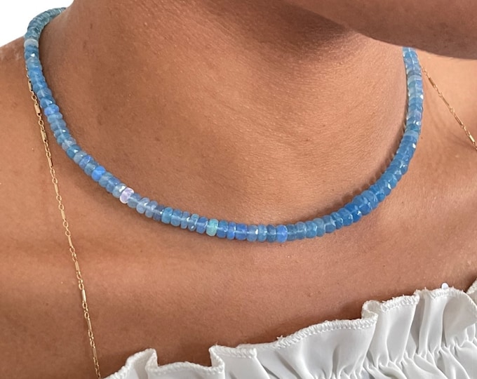 Blue Opal Beaded Choker | Adjustable Graduated Bead Crystal Necklace | Summer Fun Jewelry | Trendy Gifts | Gifts for Men | Opal Necklace