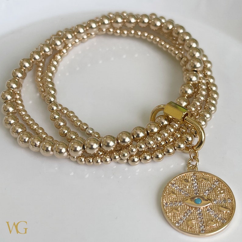 14k Charm Bracelet Evil Eye Charm 14K Beaded Bracelet Set,Bracelets with Carabiner Lock,14k Beaded Ball Bracelet,Gold Beaded Bracelet