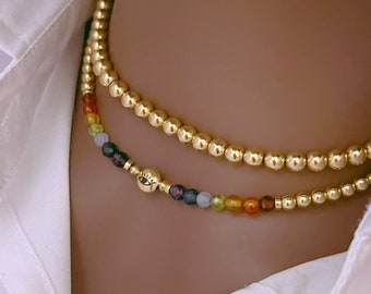 14K Chakra Beaded Choker | Handmade Charm Necklace | Waterproof Gold Bead Chain Bracelet | Evil Eye Crystal Necklace | Color Jewelry