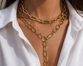 Large Link Necklace | Charm Necklace | Bold Two tone Necklace | Chunky Chain Choker | Statement Jewelry for Women | Silver Bold Necklace
