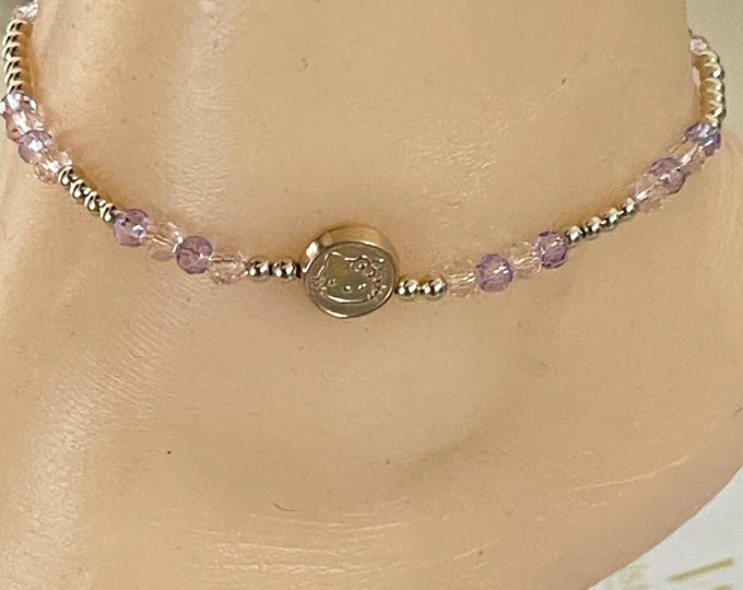 Dainty Gold Cat Charm Anklet: Crystal Bead Ankle Bracelet