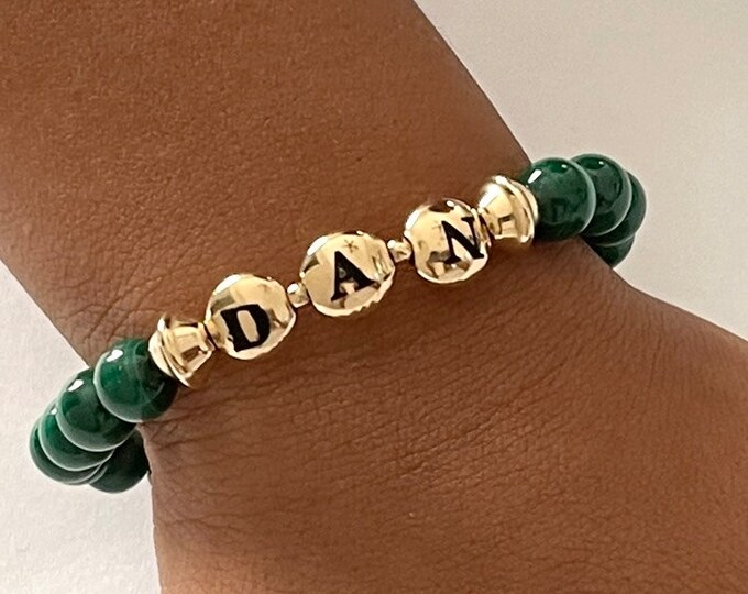 Green Beaded Name Stretch Bracelet | Malachite Name Bracelet | Custom Name Jewelry | Beaded Bracelet Gifts for Men  | Customizable