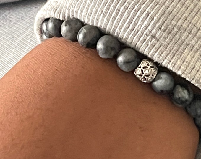 Matte Grey Jasper & Hematite Black Onyx Beaded Bracelet |  Triple Protective Bracelet | Unisex Crystal Bracelet Gift |  Stretch Bracelet