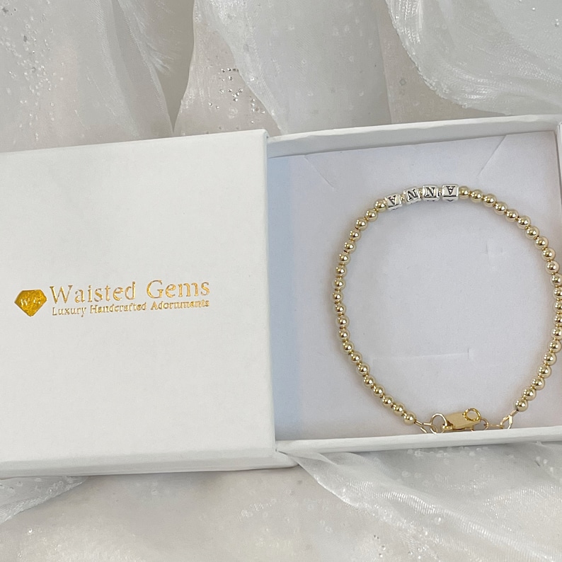 Custom Order for Angel Reyna 14k Solid Gold Beaded Chain Name Bracelet