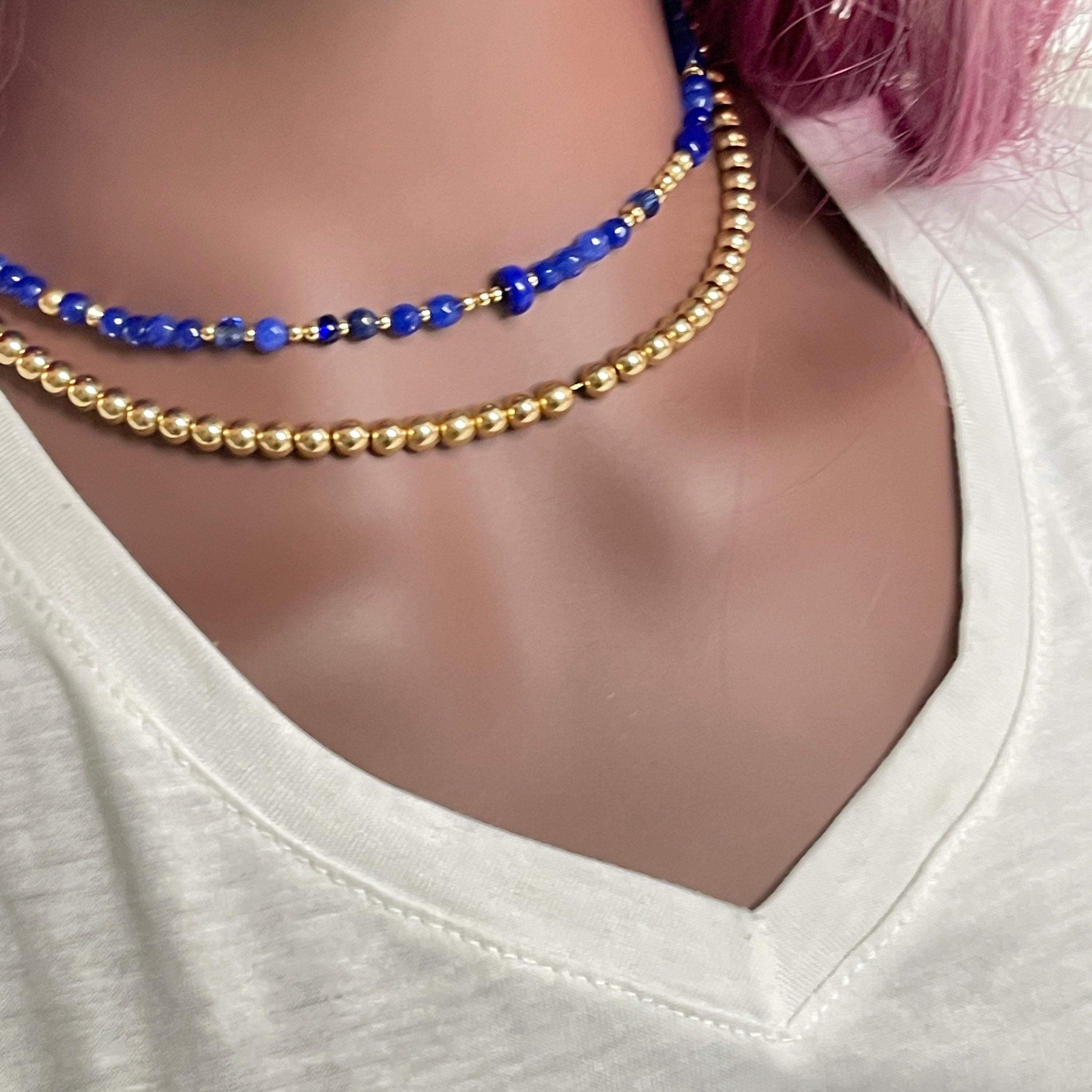 Gold Crystal Layering Choker Gemstone Necklace | Meaning Card | Water Proof | Blue or Green Bead Chain Choker | For Him