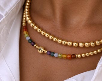 14K Chakra Beaded Choker | Handmade Charm Necklace | Waterproof Gold Bead Chain Bracelet | Evil Eye Crystal Necklace | Color Jewelry