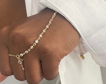 Cubic Zirconia Bezel Set Hand Chain | Slave Bracelet | Finger Bracelet | Dangle Ring | Dainty Bezel Set Diamond | Hand Chain Ring | Sexy