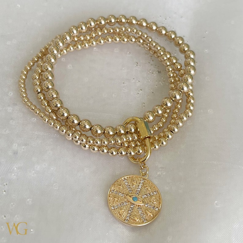14k Charm Bracelet Evil Eye Charm 14K Beaded Bracelet Set,Bracelets with Carabiner Lock,14k Beaded Ball Bracelet,Gold Beaded Bracelet