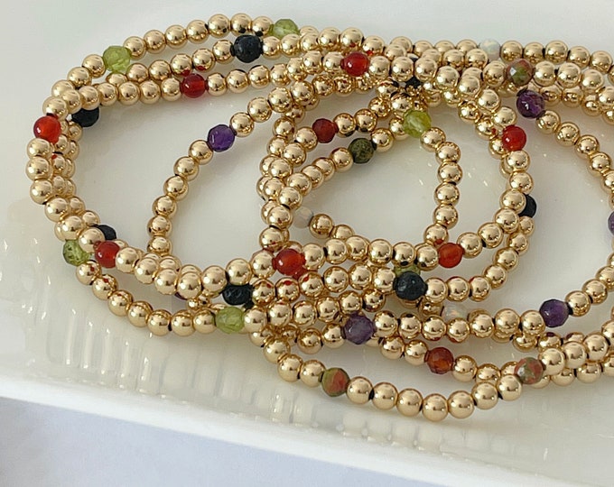 Crystal and Gold Beaded Bracelet | Carnelian Bead Bracelet | Gold Stretch Bracelet | 14k Gold Filled Bead Bracelet | Unisex Gift |