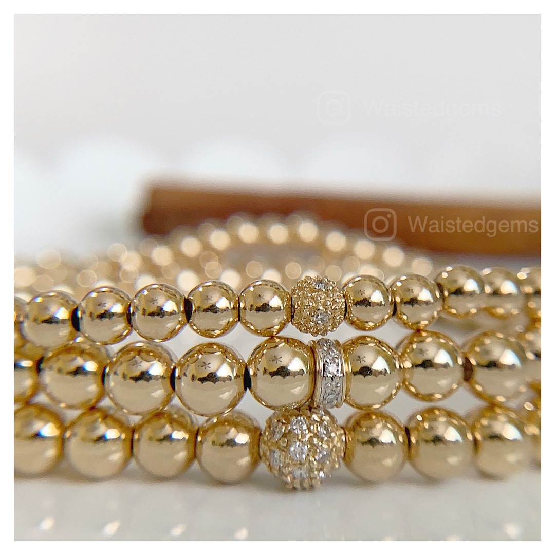 14k Yellow Gold Beaded Bracelet 14K Gold Bead Bracelet Shiny Gold Bead