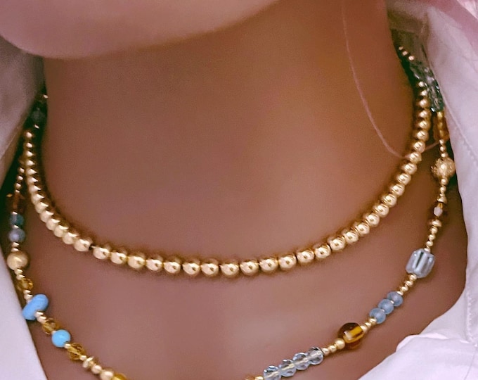 14k Gold 4mm Beaded Necklace: Unisex Ball Chain | Yellow Rose White Gold