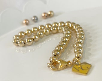 14K Gold Bead Bracelet | Gold Beaded Bracelet w Clasp | Gifts For Her | Beaded Chain Bracelet |  White Gold Bead Bracelet | 14k Rose Gold