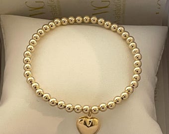 14K Gold Filled Beaded Bracelet: Sterling Silver CZ Heart Charm