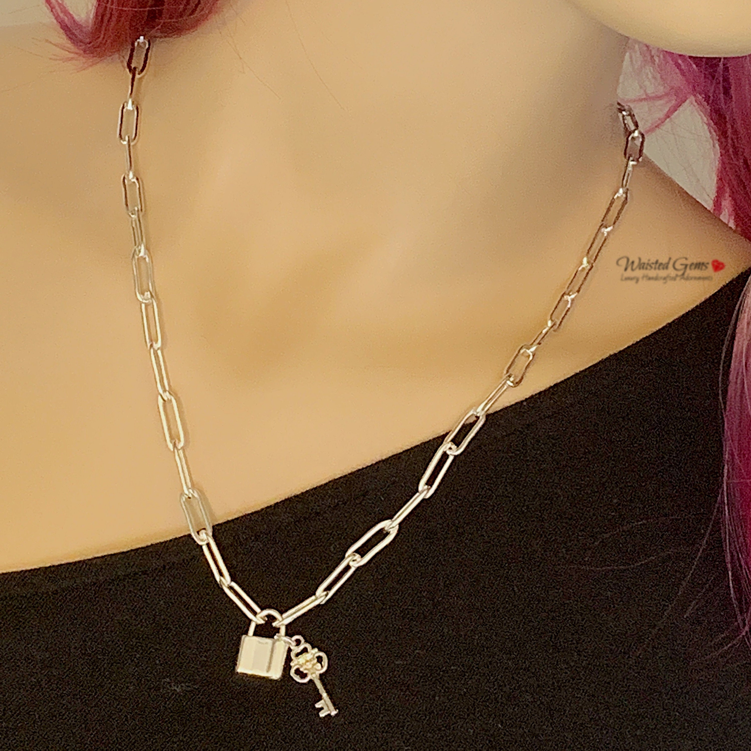 Silver Large Chain Lock and Key Charm Necklace, Anchor Chain, Lock