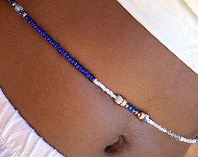 Sodalite Waist Beads | Royal Blue and White Belly Beads | Crystal Hip Beads | Waist Beads With Clasp | Rose Gold Belly Beads | Plus Size |