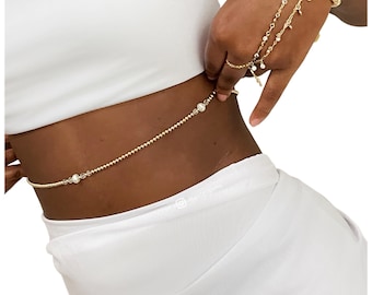 14k Solid Gold Pearl Waist Beads | Gold African Waist Beads | Bride Gift | Long Pearl Necklace | Anniversary Gift | Summer Jewelry