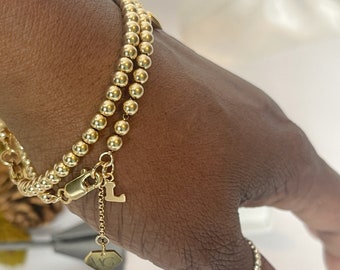 Gold Initial Beaded Bracelet | 14k Gold Beaded Bracelet | Mother's Day Gift | Gold Bracelet Set | 14k Yellow Gold | Initial Charm Bracelet