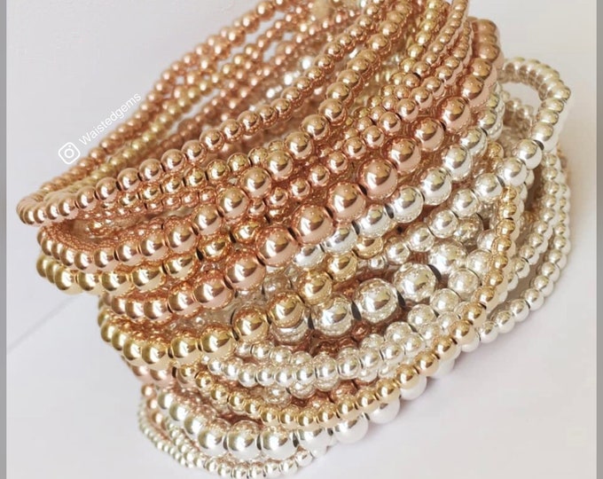 10k Gold Beaded Bracelet Set: Sterling Silver Accents
