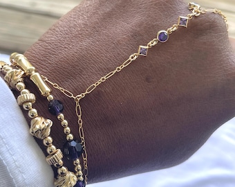 14k Gold Amethyst Hand Chain Bracelet | Bezel Set Finger Ring