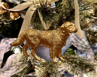 Hand Painted Gold Leaf Golden Retriever Pet Dog Christmas Tree Ornament with Ribbon