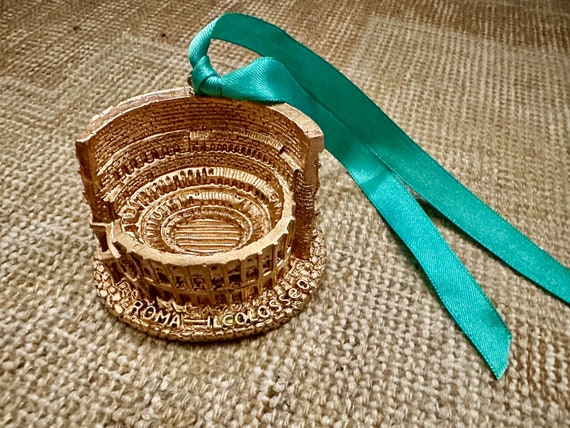 Hand Painted Gold Leaf Rome Roma Italy Roman Coliseum Colosseum Travel Souvenir Christmas Tree Ornament with Ribbon