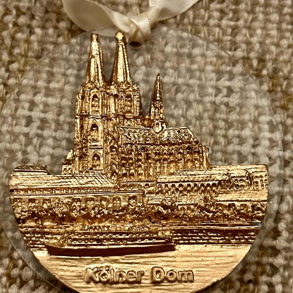 Hand Painted Gold Leaf Cologne Cathedral Kolner Dom Germany Christmas Tree Travel Souvenir Ornament on Acrylic Disc with Ribbon